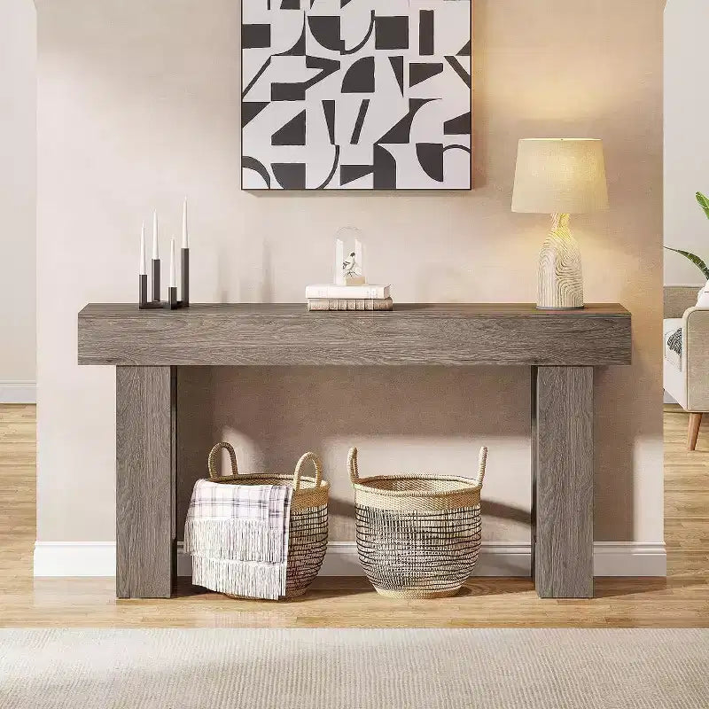 Console Lantine de 63 po de long, table de canapé rectangulaire en bois à placer derrière le canapé, table d'entrée de style rustique pour couloir, salon, grise