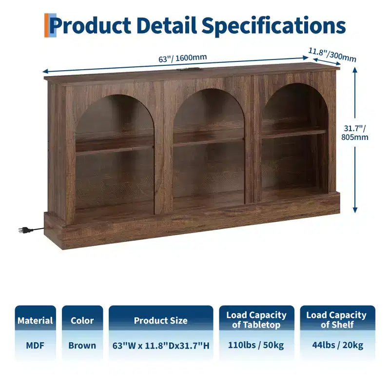 Meuble TV Console avec Prises, Meuble TV Moderne à 3 Niveaux Arqué de 160 cm avec Station de Recharge et Étagères Ouvertes pour TV de 65/70 pouces