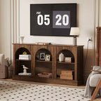 Meuble TV Console avec Prises, Meuble TV Moderne à 3 Niveaux Arqué de 160 cm avec Station de Recharge et Étagères Ouvertes pour TV de 65/70 pouces