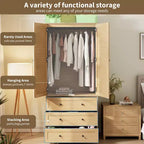 Armoire-penderie en bois avec tiroirs, meuble de rangement de 69,5 po avec tringle de suspension, design persienné à 2 portes pour chambre à coucher
