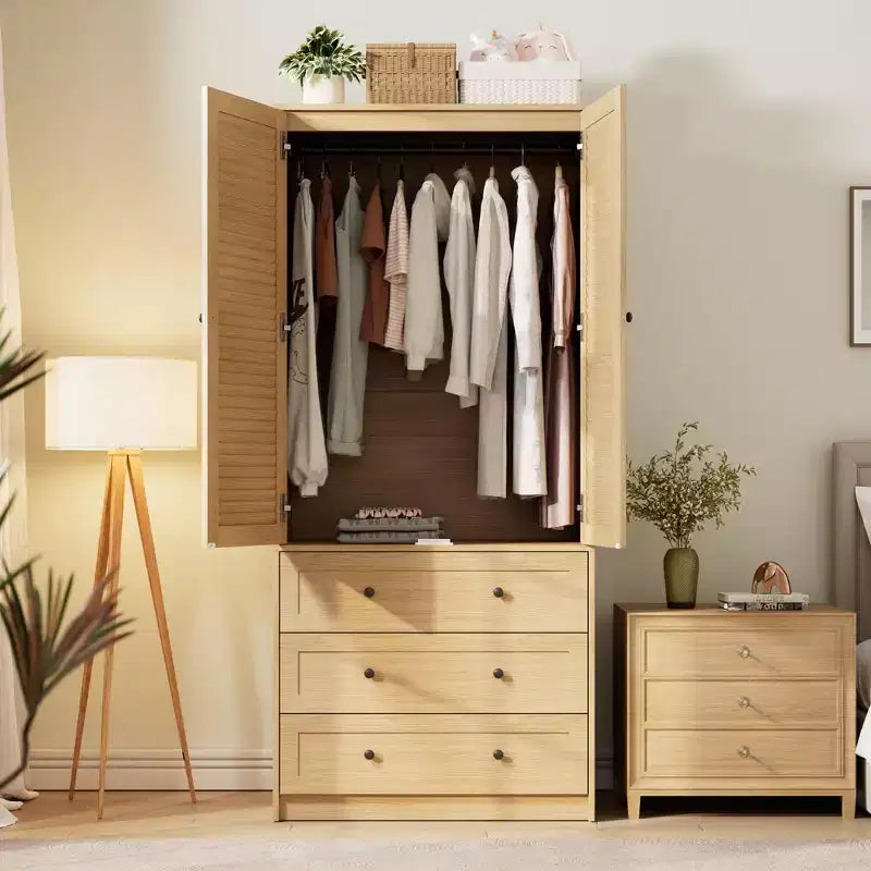 Armoire-penderie en bois avec tiroirs, meuble de rangement de 69,5 po avec tringle de suspension, design persienné à 2 portes pour chambre à coucher