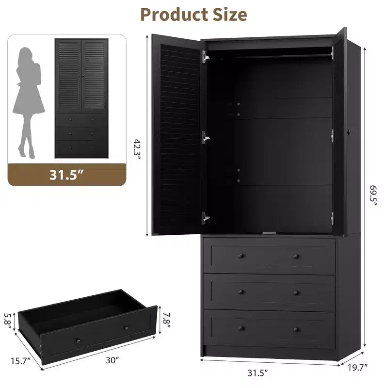 Armoire-penderie en bois avec tiroirs, meuble de rangement de 69,5 po avec tringle de suspension, design persienné à 2 portes pour chambre à coucher