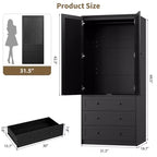 Armoire-penderie en bois avec tiroirs, meuble de rangement de 69,5 po avec tringle de suspension, design persienné à 2 portes pour chambre à coucher