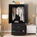 Armoire-penderie en bois avec tiroirs, meuble de rangement de 69,5 po avec tringle de suspension, design persienné à 2 portes pour chambre à coucher