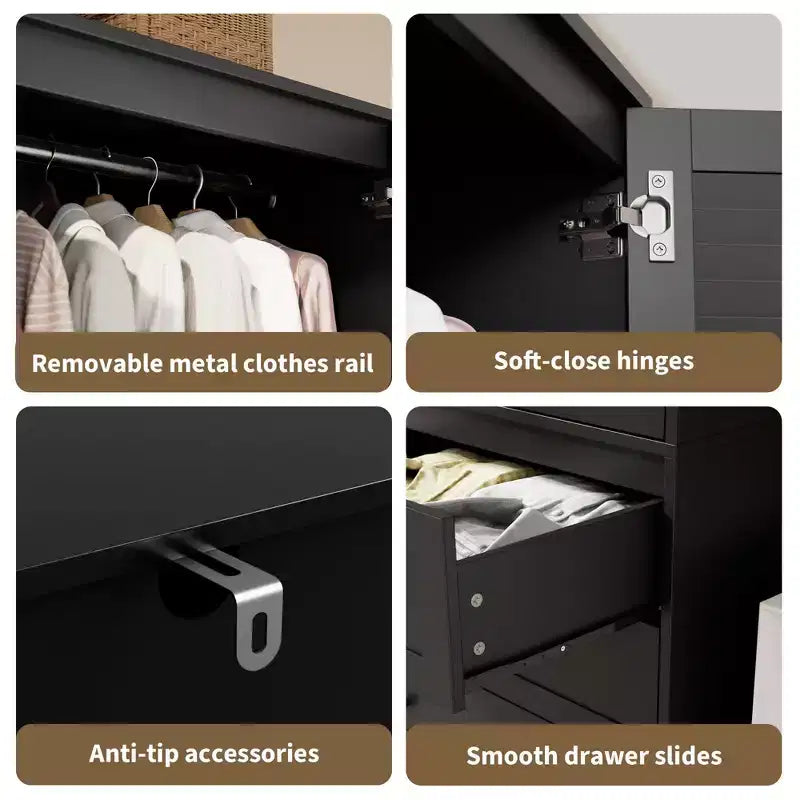 Armoire-penderie en bois avec tiroirs, meuble de rangement de 69,5 po avec tringle de suspension, design persienné à 2 portes pour chambre à coucher