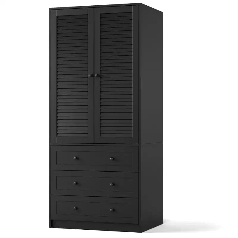 Armoire-penderie en bois avec tiroirs, meuble de rangement de 69,5 po avec tringle de suspension, design persienné à 2 portes pour chambre à coucher