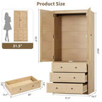 Armoire-penderie en bois avec tiroirs, meuble de rangement de 69,5 po avec tringle de suspension, design persienné à 2 portes pour chambre à coucher