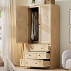 Armoire-penderie en bois avec tiroirs, meuble de rangement de 69,5 po avec tringle de suspension, design persienné à 2 portes pour chambre à coucher