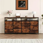 Commode longue de 63 po avec 12 tiroirs, meuble TV pour téléviseurs de 55/65/70 po, meuble TV commode en tissu pour chambre à coucher et salon, commode avec étagères ouvertes