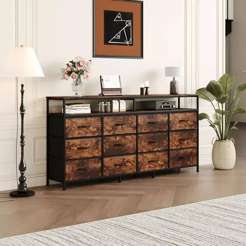 Commode longue de 63 po avec 12 tiroirs, meuble TV pour téléviseurs de 55/65/70 po, meuble TV commode en tissu pour chambre à coucher et salon, commode avec étagères ouvertes