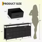 Commode longue de 63 po avec 12 tiroirs, meuble TV pour téléviseurs de 55/65/70 po, meuble TV commode en tissu pour chambre à coucher et salon, commode avec étagères ouvertes