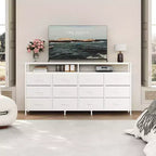 Commode longue de 63 po avec 12 tiroirs, meuble TV pour téléviseurs de 55/65/70 po, meuble TV commode en tissu pour chambre à coucher et salon, commode avec étagères ouvertes