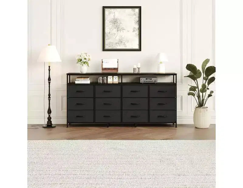 Commode longue de 63 po avec 12 tiroirs, meuble TV pour téléviseurs de 55/65/70 po, meuble TV commode en tissu pour chambre à coucher et salon, commode avec étagères ouvertes