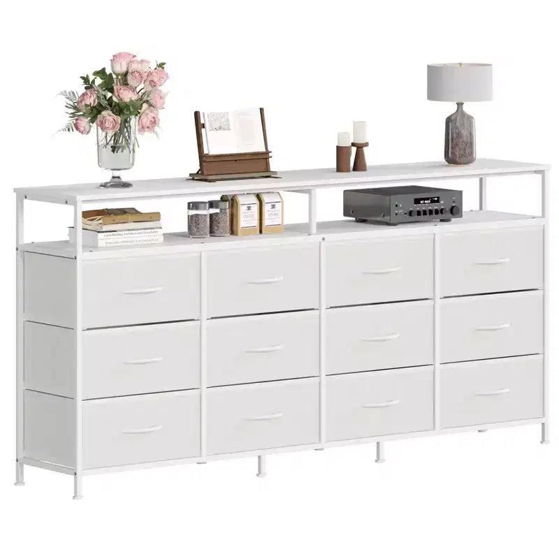 Commode longue de 63 po avec 12 tiroirs, meuble TV pour téléviseurs de 55/65/70 po, meuble TV commode en tissu pour chambre à coucher et salon, commode avec étagères ouvertes