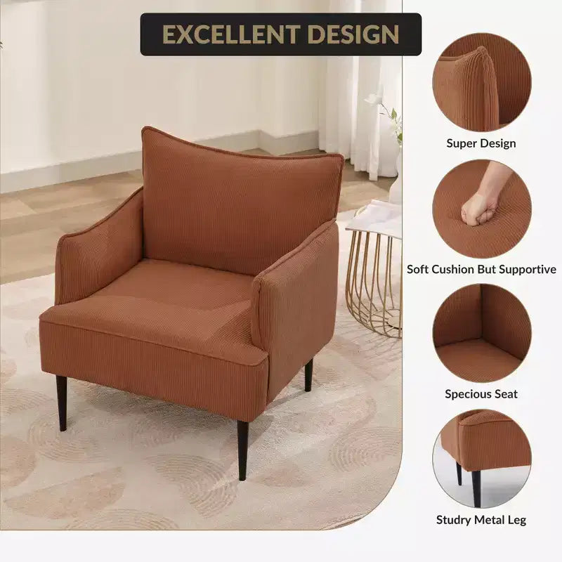 Fauteuil d'appoint, fauteuil moderne en velours côtelé avec accoudoirs rembourrés doux, fauteuil de salon de 136 kg avec pieds coniques en métal pour salon, chambre à coucher