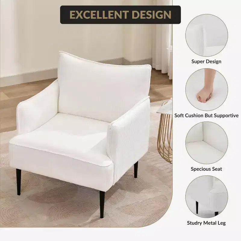 Fauteuil d'appoint, fauteuil moderne en velours côtelé avec accoudoirs rembourrés doux, fauteuil de salon de 136 kg avec pieds coniques en métal pour salon, chambre à coucher