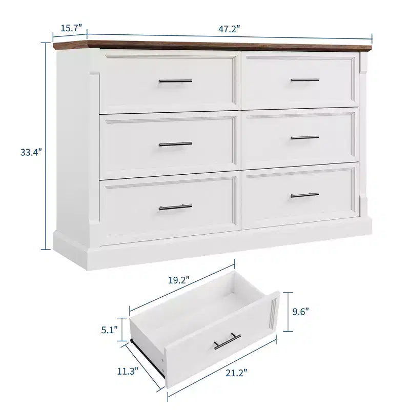 Commode de ferme 47 po avec 6 tiroirs, organiseur de rangement rustique en bois pour chambre à coucher, salon, couloir et entrée