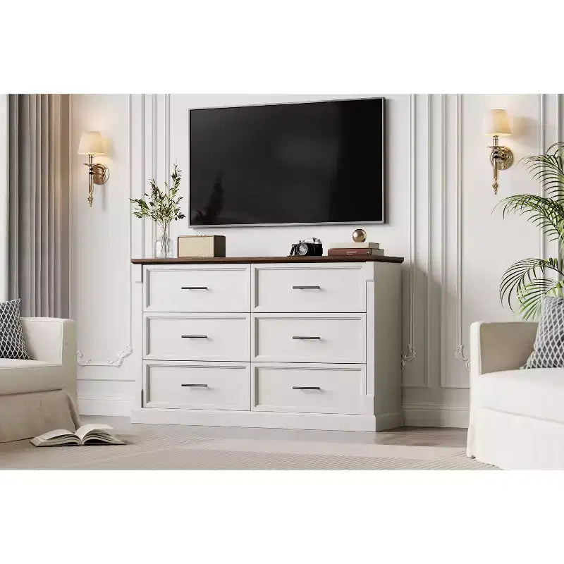 Commode de ferme 47 po avec 6 tiroirs, organiseur de rangement rustique en bois pour chambre à coucher, salon, couloir et entrée
