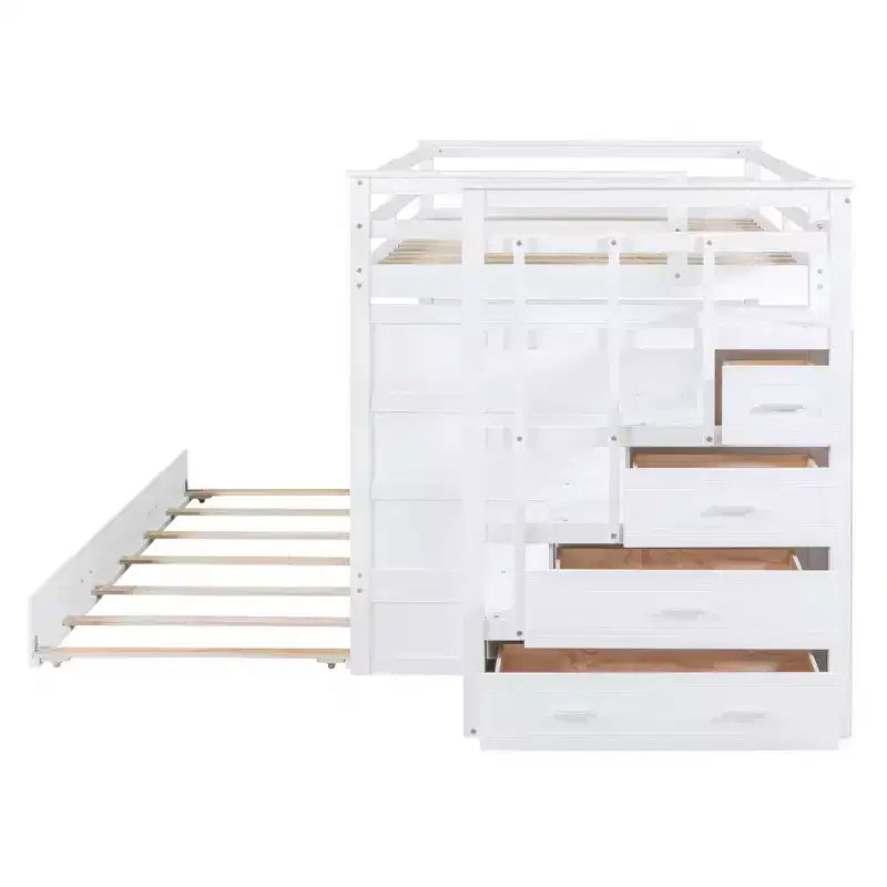 Lit superposé double Luxystar avec escalier de rangement et lit gigogne