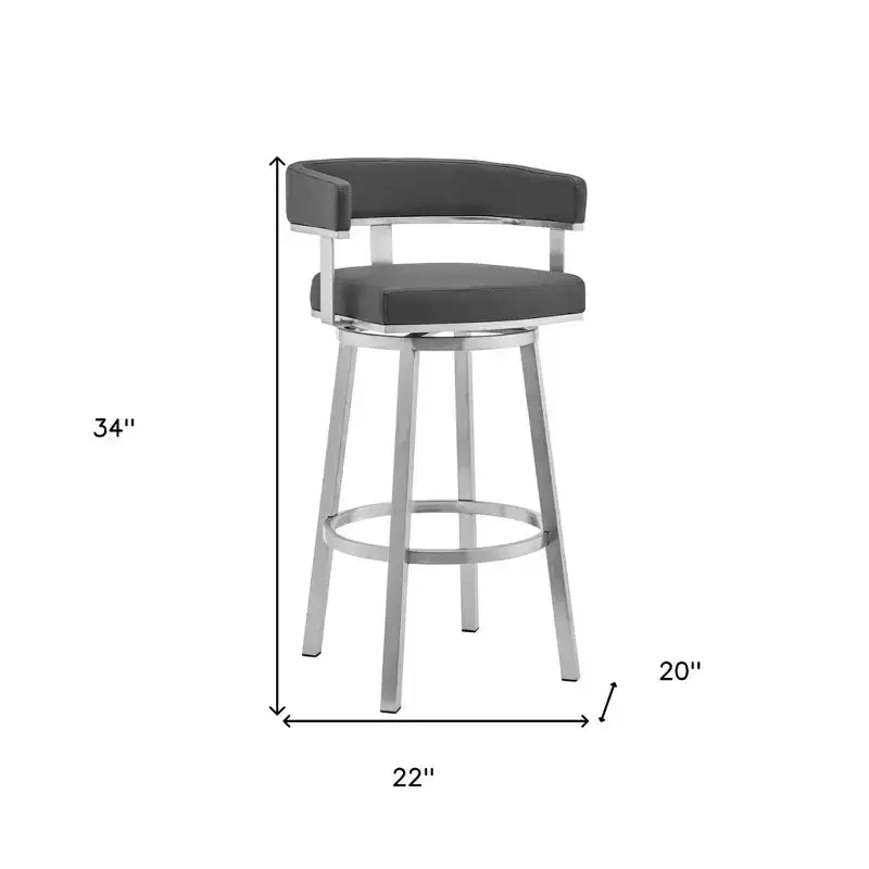 HomeRoots 26 Chaise de bar pivotante à dossier bas en similicuir gris et argenté et fer, hauteur comptoir
