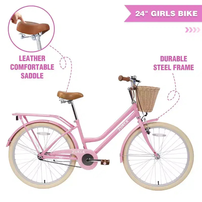 NAYSAYE Vélo de ville hybride pour filles de 24 pouces, pour les 7-10 ans et plus, avec panier en osier et porte-bagages arrière, vélos pour enfants