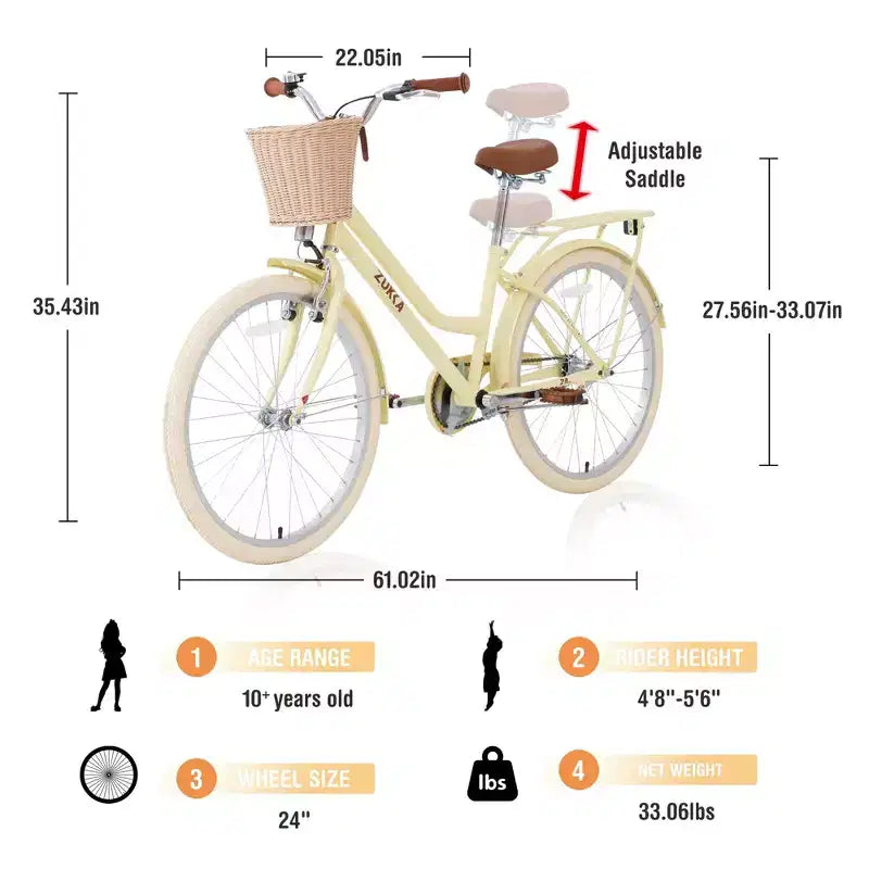 NAYSAYE Vélo de ville hybride pour filles de 24 pouces, pour les 7-10 ans et plus, avec panier en osier et porte-bagages arrière, vélos pour enfants