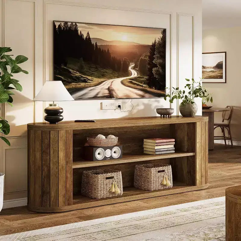 Meuble TV Lantine pour téléviseurs de 55/60/65/75 pouces, meuble de divertissement de style rustique avec étagère de rangement à 3 niveaux, console TV de 160 cm pour salon, chambre (marron)