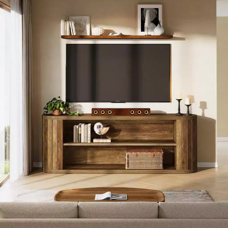 Meuble TV Lantine pour téléviseurs de 55/60/65/75 pouces, meuble de divertissement de style rustique avec étagère de rangement à 3 niveaux, console TV de 160 cm pour salon, chambre (marron)