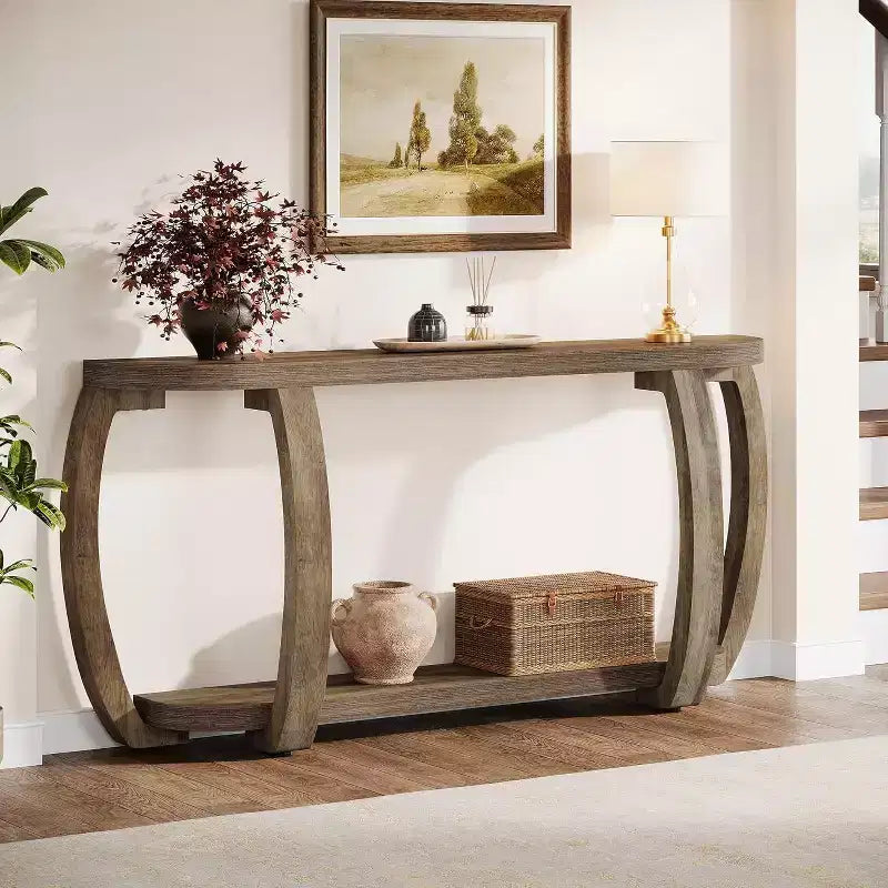 Lantine Farmhouse Wooden Console Table with Open Shelf, 63-Inch Long Sofa Entryway Table with Curved Legs for Living Room, Hallway, Entrance