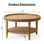 Table basse ronde de 31,3 pouces avec bord perlé, table de rangement rustique à deux niveaux pour balcon de salon, marron