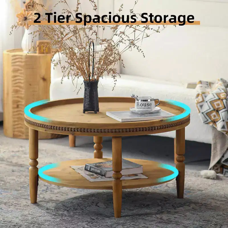Table basse ronde de 31,3 pouces avec bord perlé, table de rangement rustique à deux niveaux pour balcon de salon, marron