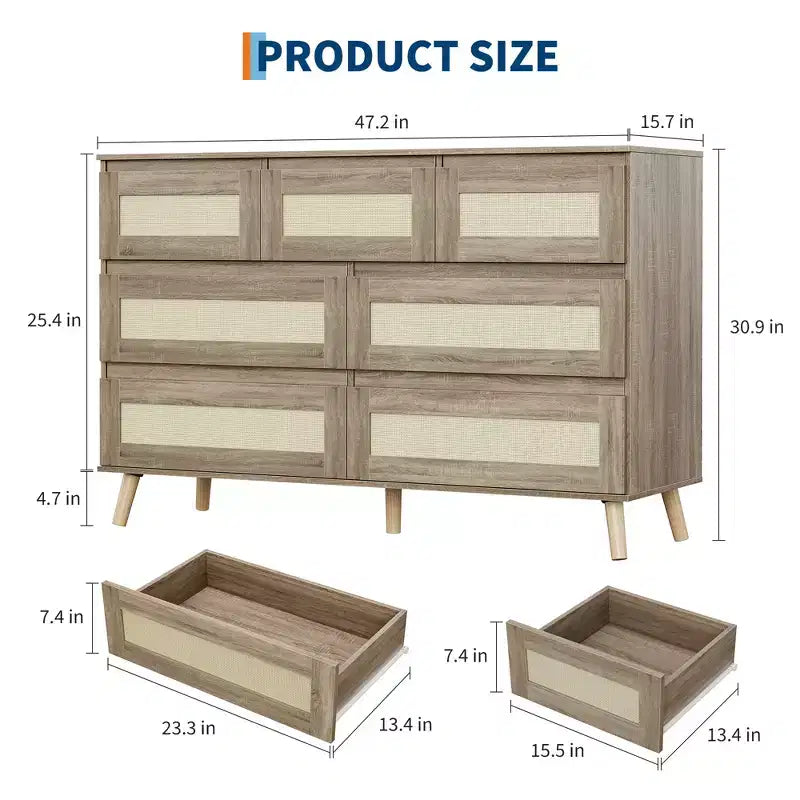 Commode moderne en rotin à 7 tiroirs, meuble de rangement en bois pour chambre, chambre d'enfant, salon ou entrée, organisateur de vêtements