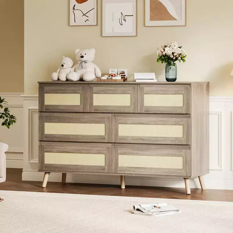 Commode moderne en rotin à 7 tiroirs, meuble de rangement en bois pour chambre, chambre d'enfant, salon ou entrée, organisateur de vêtements
