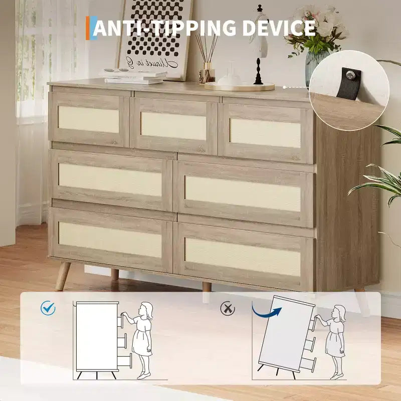 Commode moderne en rotin à 7 tiroirs, meuble de rangement en bois pour chambre, chambre d'enfant, salon ou entrée, organisateur de vêtements