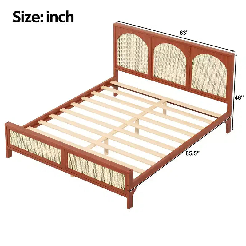 Lit plateforme en bois Queen/King size avec tête et pied de lit en rotin, cadre de lit avec pieds de support - ModernLuxe