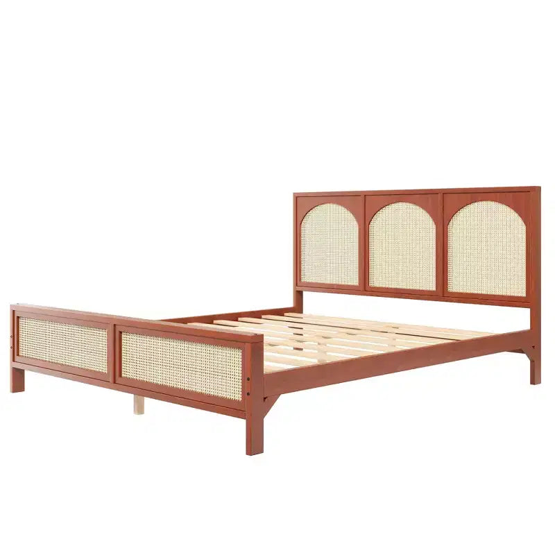 Lit plateforme en bois Queen/King size avec tête et pied de lit en rotin, cadre de lit avec pieds de support - ModernLuxe