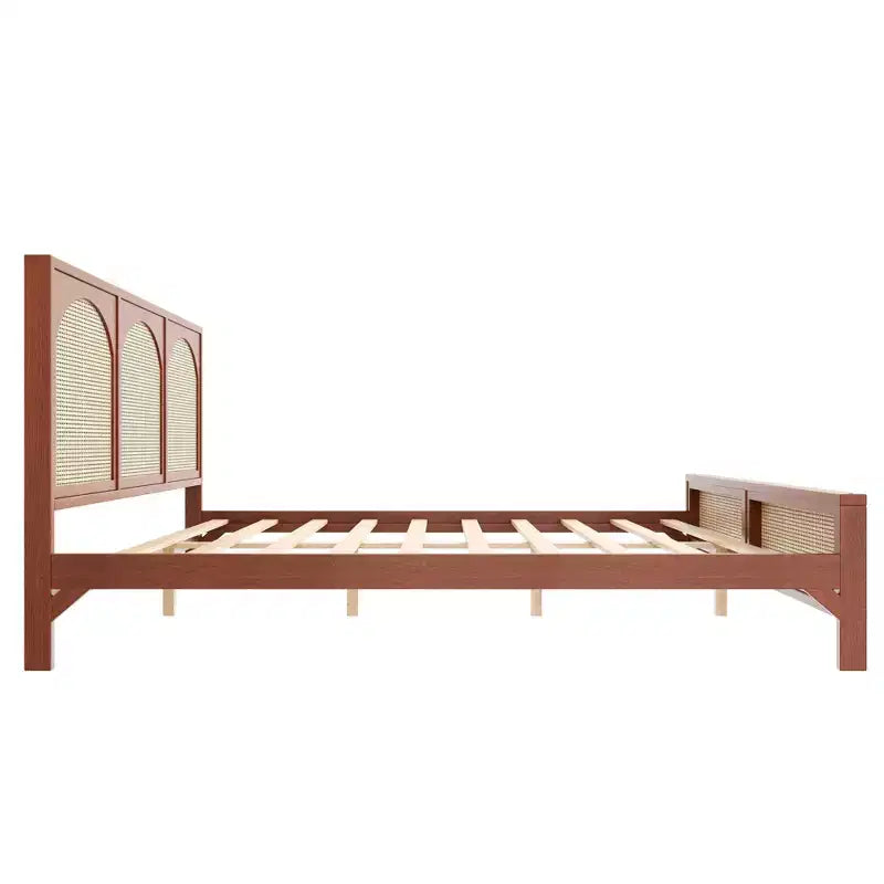 Lit plateforme en bois Queen/King size avec tête et pied de lit en rotin, cadre de lit avec pieds de support - ModernLuxe