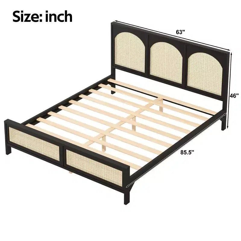 Lit plateforme en bois Queen/King size avec tête et pied de lit en rotin, cadre de lit avec pieds de support - ModernLuxe