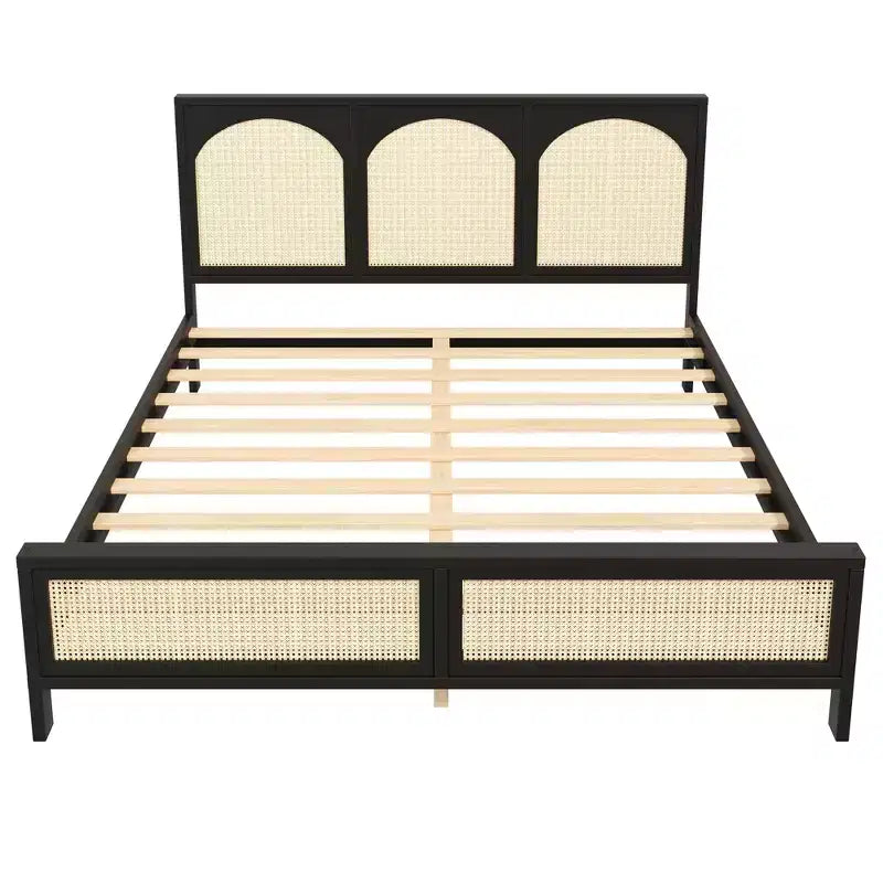 Lit plateforme en bois Queen/King size avec tête et pied de lit en rotin, cadre de lit avec pieds de support - ModernLuxe