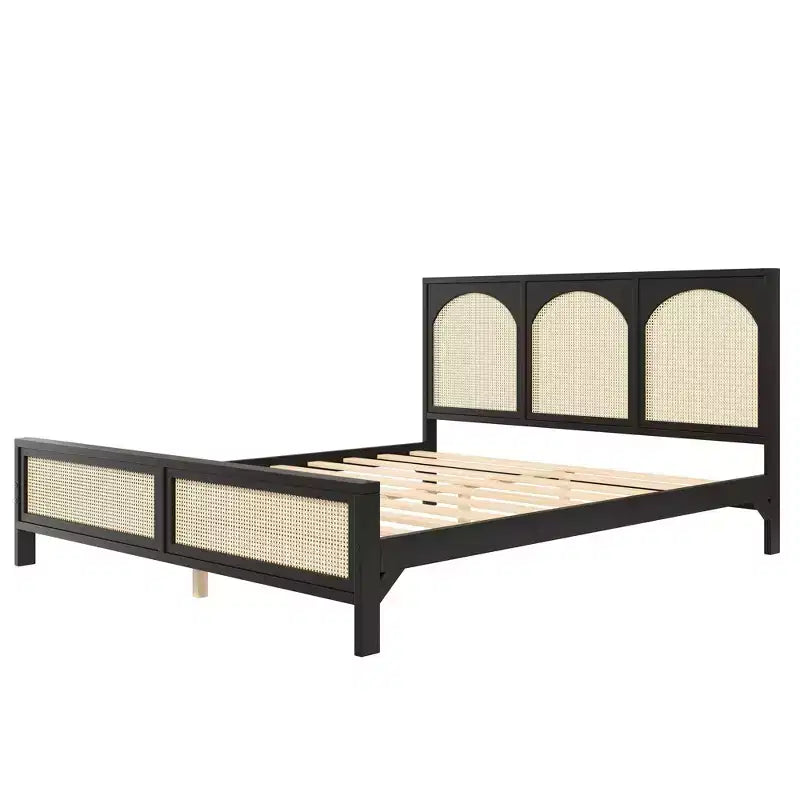 Lit plateforme en bois Queen/King size avec tête et pied de lit en rotin, cadre de lit avec pieds de support - ModernLuxe