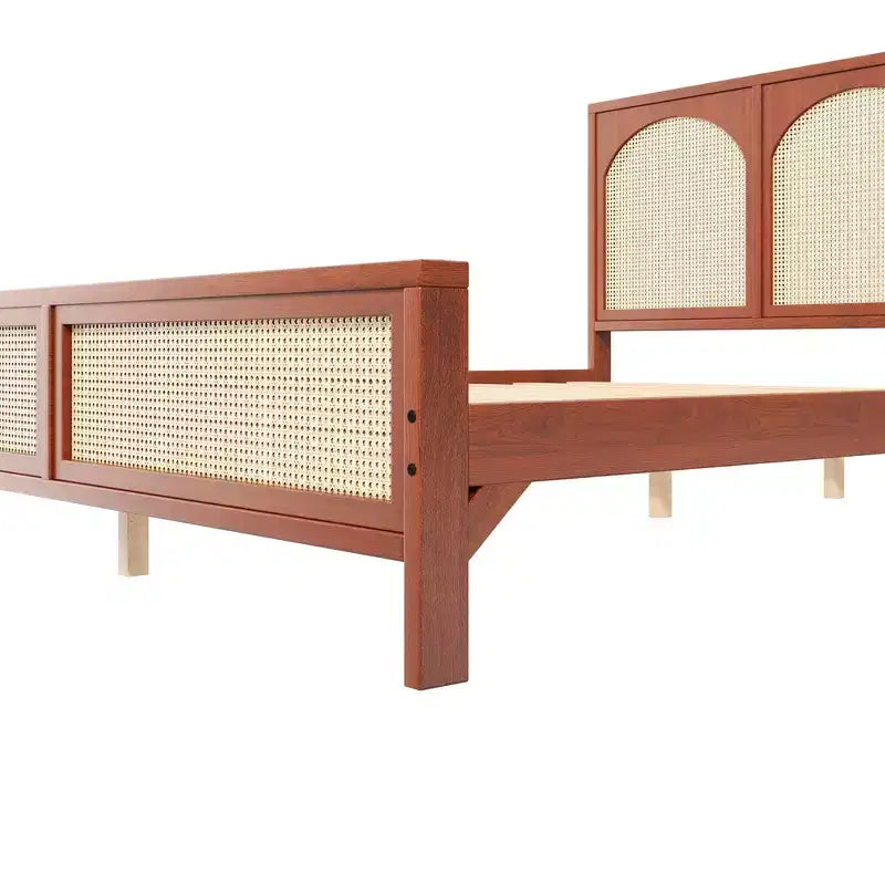 Lit plateforme en bois Queen/King size avec tête et pied de lit en rotin, cadre de lit avec pieds de support - ModernLuxe