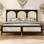Queen/King Size Wood Platform Bed with Rattan Headboard & Footboard, Bed Frame with Support Legs - ModernLuxe