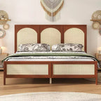 Lit plateforme en bois Queen/King size avec tête et pied de lit en rotin, cadre de lit avec pieds de support - ModernLuxe