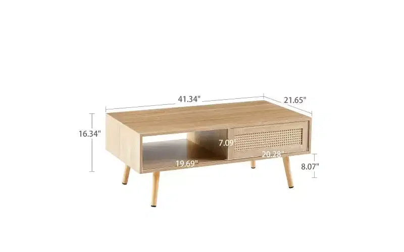 Table basse moderne en rotin JVNOXK de 105 cm avec porte coulissante de rangement, pieds en bois massif, adaptée au salon, dispose d'un espace de rangement, naturelle