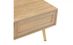 Table basse moderne en rotin JVNOXK de 105 cm avec porte coulissante de rangement, pieds en bois massif, adaptée au salon, dispose d'un espace de rangement, naturelle