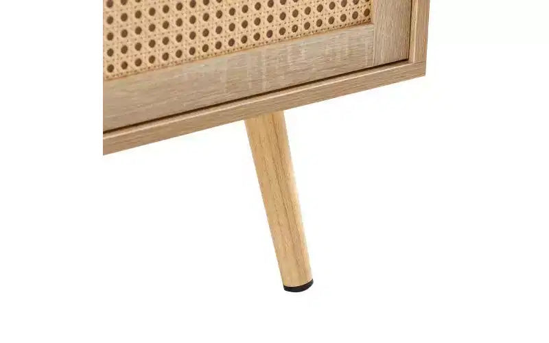 Table basse moderne en rotin JVNOXK de 105 cm avec porte coulissante de rangement, pieds en bois massif, adaptée au salon, dispose d'un espace de rangement, naturelle