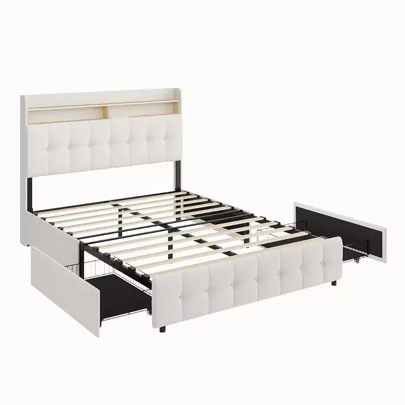 Acekool Cadre de lit plateforme rembourré pleine grandeur avec tête de lit de rangement et 2 tiroirs, tissu moelleux, support à lattes métalliques, pas besoin de sommier tapissier