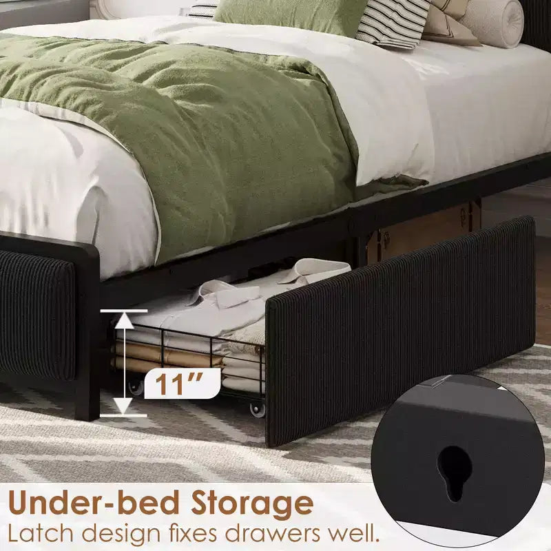Cadre de lit plateforme Twin XL Acekool avec tête de lit de rangement, tiroirs et ports USB, lit rembourré en velours côtelé, aucun sommier tapissier requis
