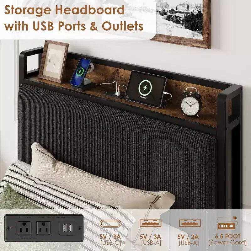 Cadre de lit plateforme Twin XL Acekool avec tête de lit de rangement, tiroirs et ports USB, lit rembourré en velours côtelé, aucun sommier tapissier requis
