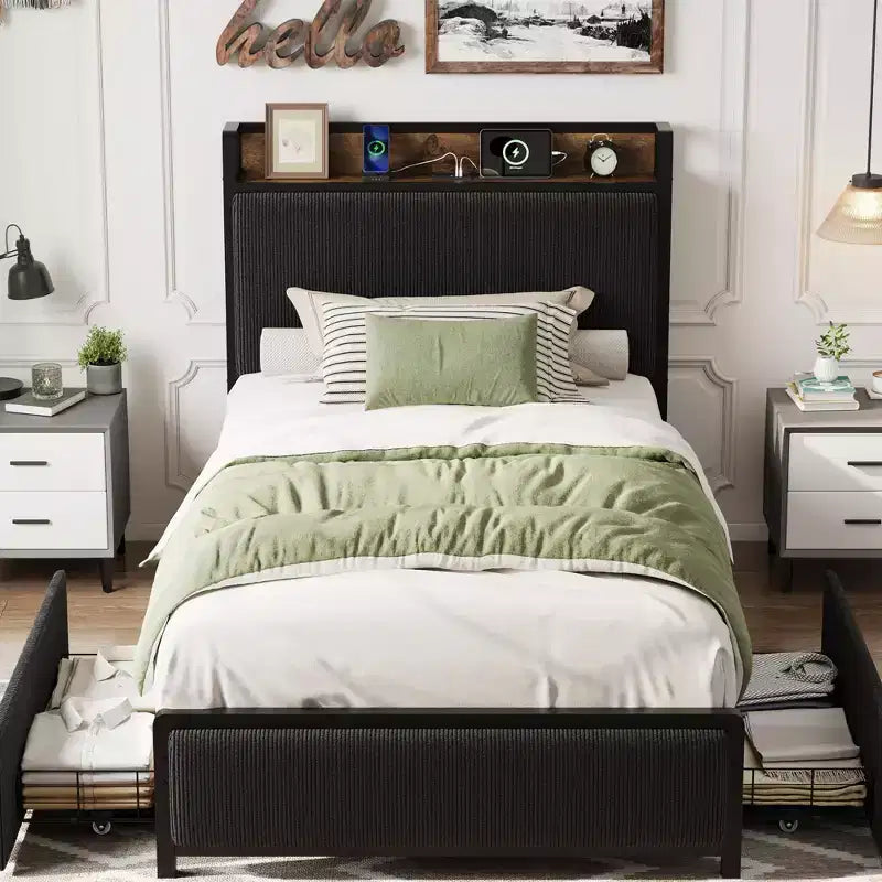 Cadre de lit plateforme Twin XL Acekool avec tête de lit de rangement, tiroirs et ports USB, lit rembourré en velours côtelé, aucun sommier tapissier requis